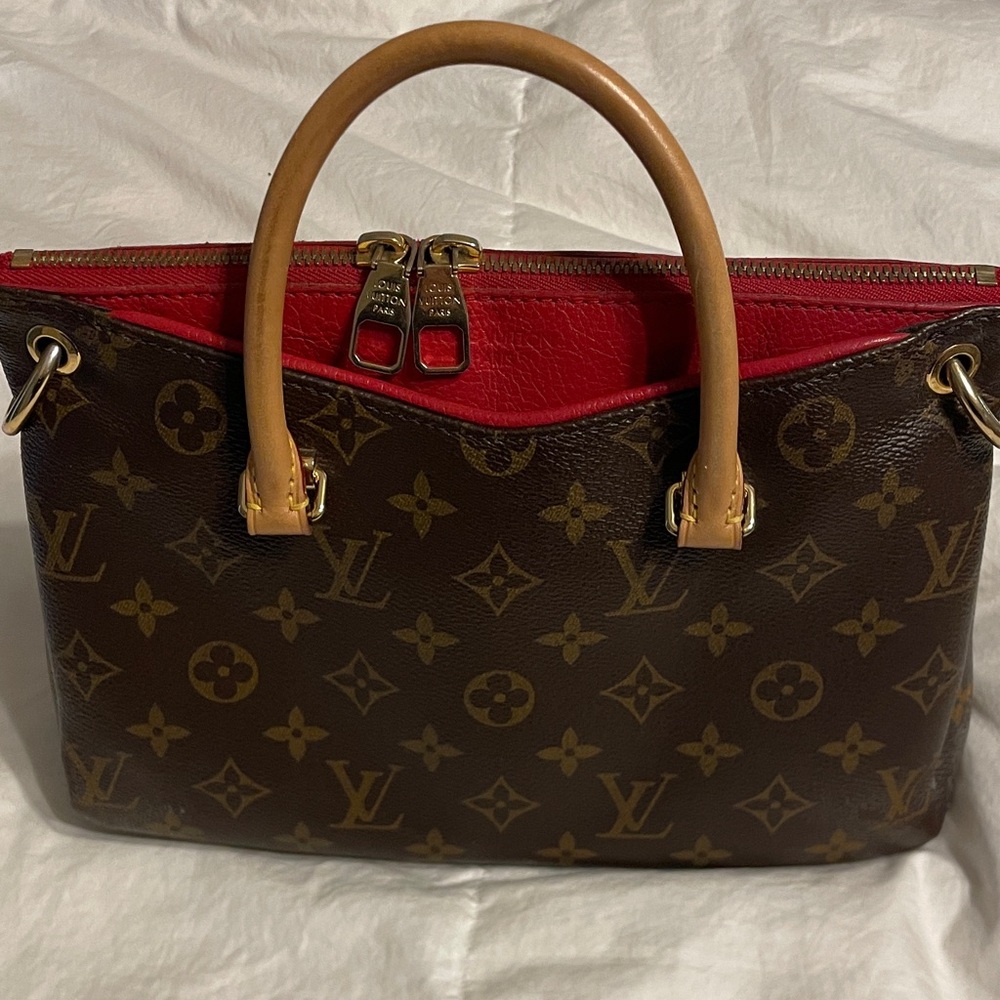 Louis Vuitton Pallas MM Monogram Satchel with Red Accent and Tan Handles
